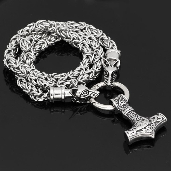 Vikings Geri and Freki Mjolnir Stainless Steel Necklace