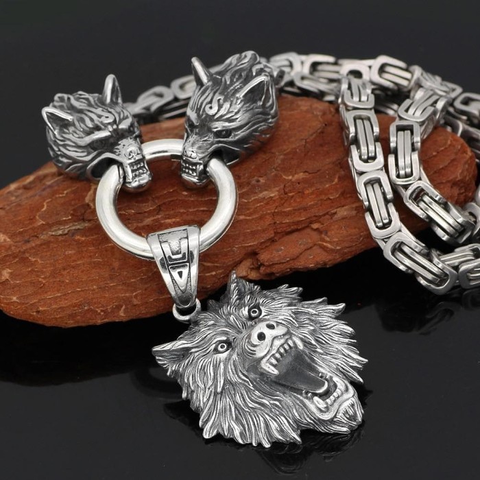 Vikings Geri & Freki Fenrir's Head Stainless Steel Necklace