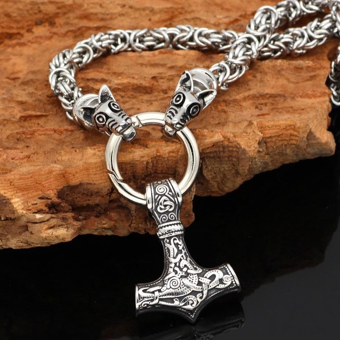 Vikings Geri and Freki Mjolnir Stainless Steel Necklace