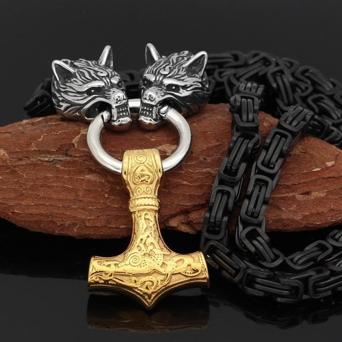 Vikings Wolf Head Mjolnir King Chain Stainless Steel Necklace