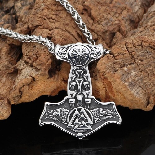 Viking Ravens Valknut And Aegishjalmur Mjolnir Necklace