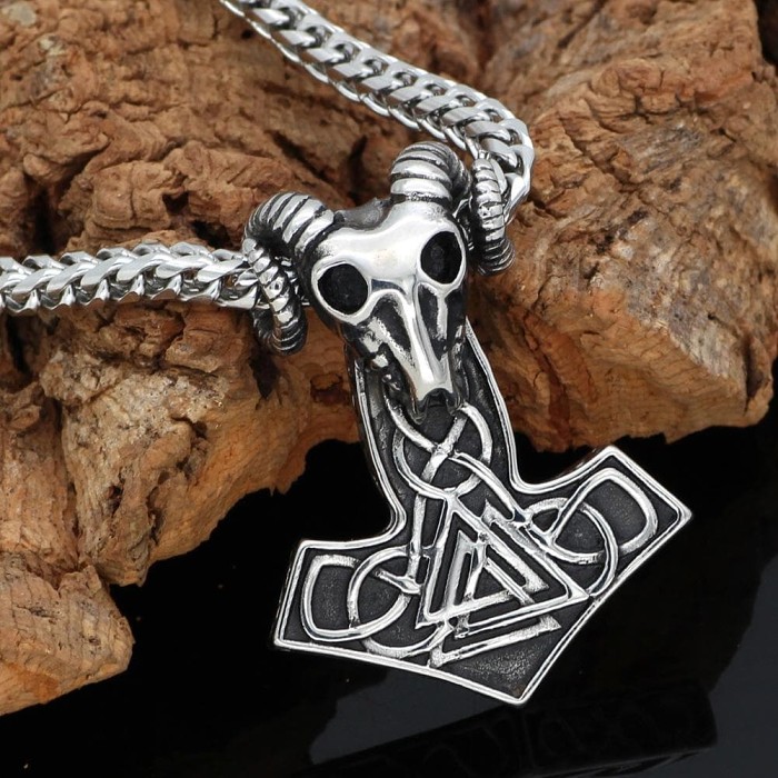 Vikings Thor's Ram Skull Mjolnir Stainless Steel Necklace