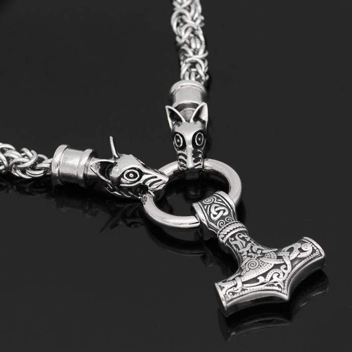 Vikings Geri and Freki Mjolnir Stainless Steel Necklace