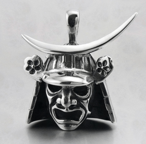 Feudal Japan Samurai Helmet Mask Pendant and Necklace