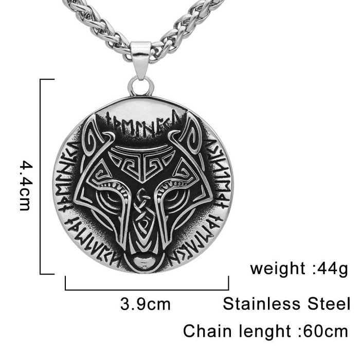 Vikings Runes Wolf Disc Pendant Necklace