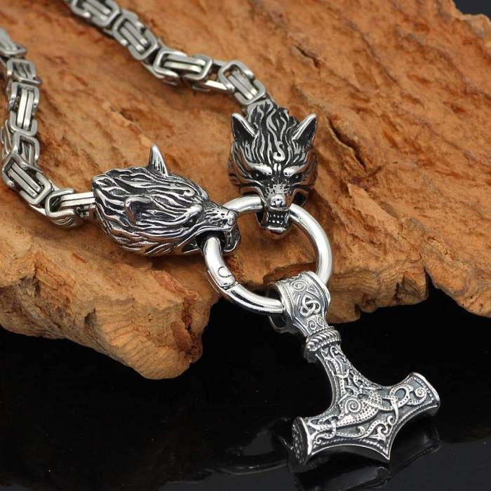 Wolf King Chain with Sterling Silver Mjolnir