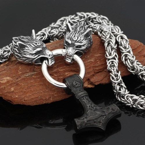 Vikings Wolf Head Mjolnir King Chain Stainless Steel Necklace