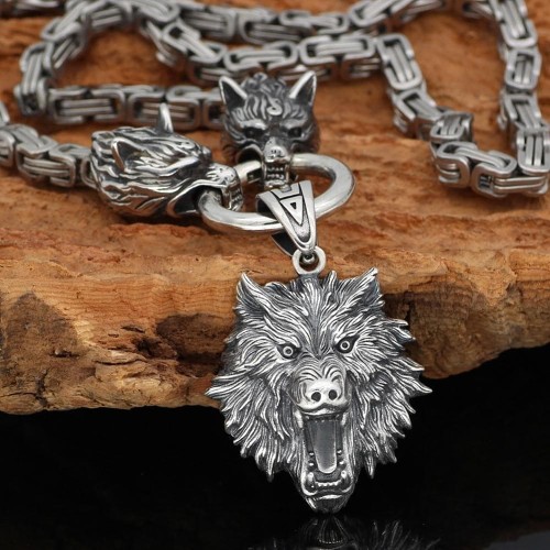 Vikings Geri & Freki Fenrir's Head Stainless Steel Necklace