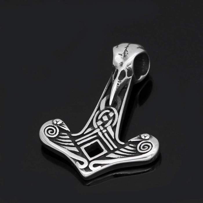 Vikings Mjolnir Raven Skull Stainless Steel Necklace