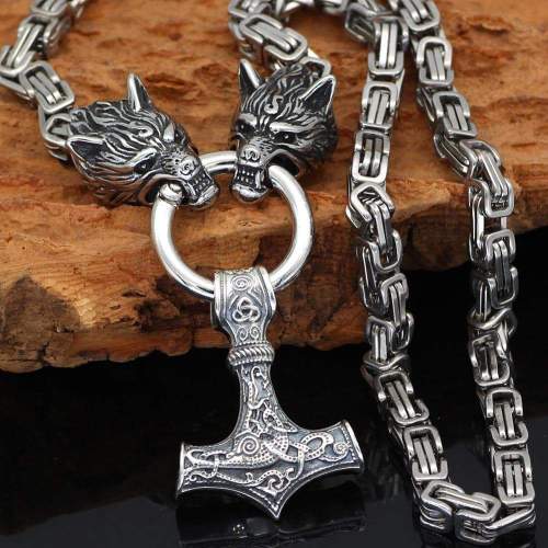 Wolf King Chain with Sterling Silver Mjolnir