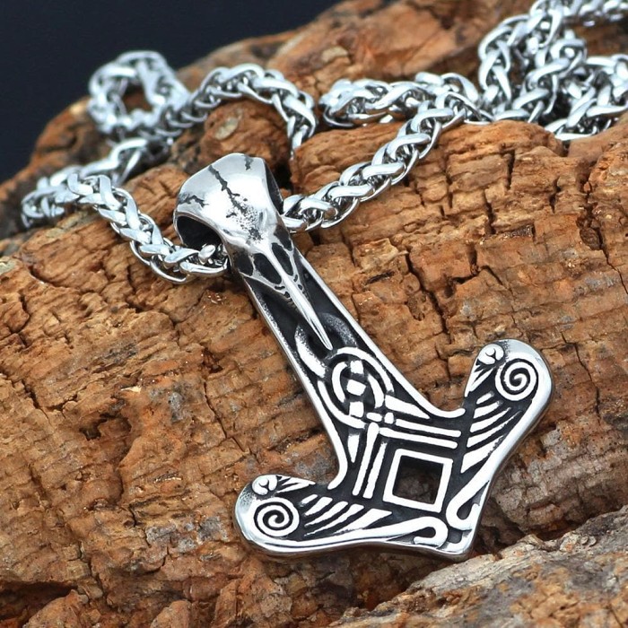 Vikings Mjolnir Raven Skull Stainless Steel Necklace