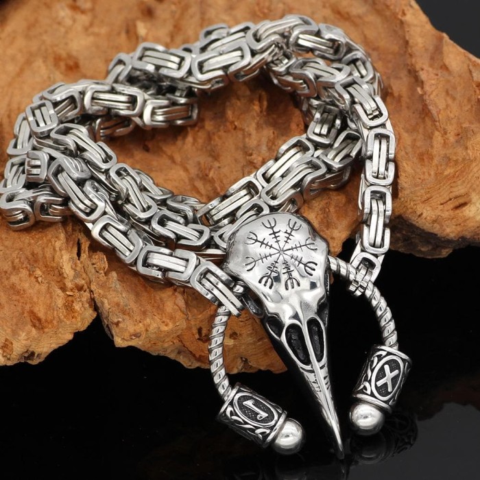 Vikings Runic Raven Skull King Chain Stainless Steel Necklace