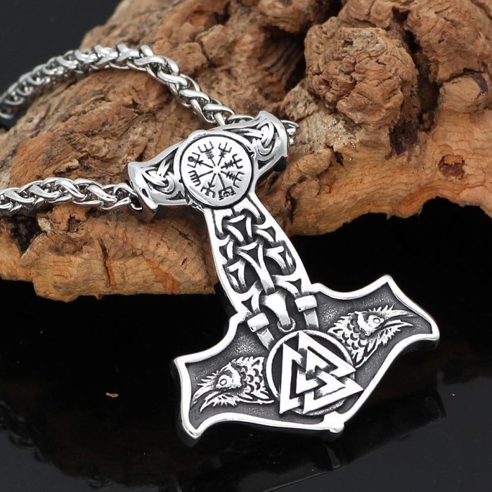 Viking Ravens Valknut And Aegishjalmur Mjolnir Necklace