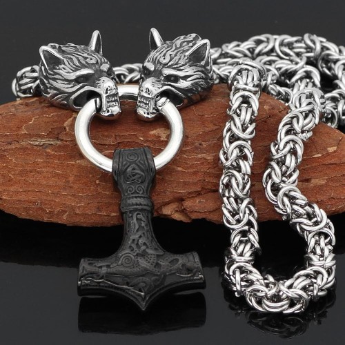 Vikings Wolf Head Mjolnir King Chain Stainless Steel Necklace