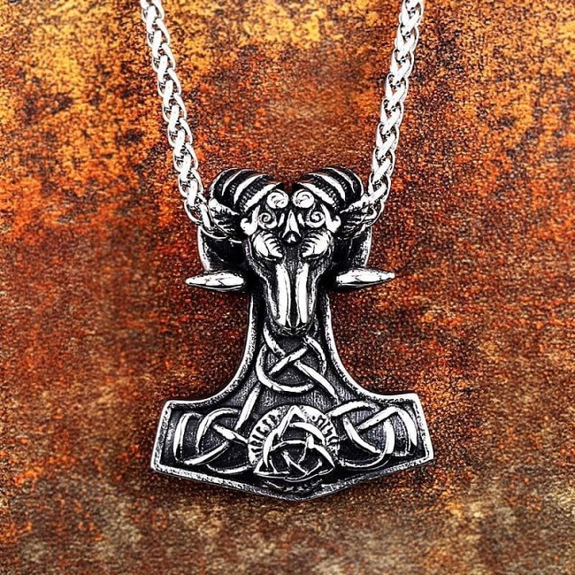 Vikings Thor's Goat Tanngrisnir Mjolnir Stainless Steel Necklace
