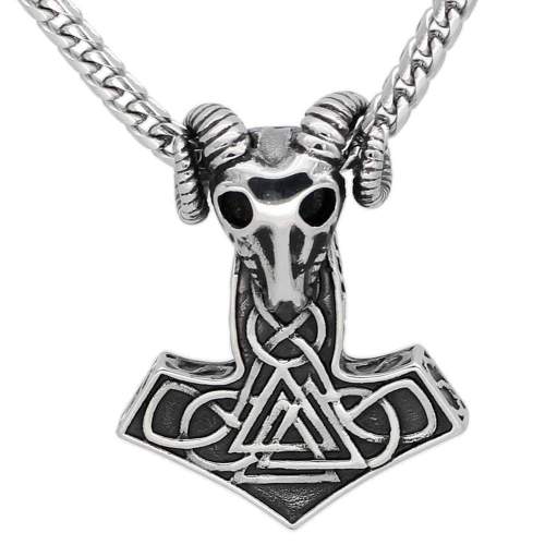 Vikings Thor's Ram Skull Mjolnir Stainless Steel Necklace