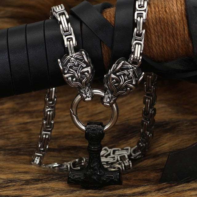 Vikings Wolf Head and Mjolnir Stainless Steel Necklace