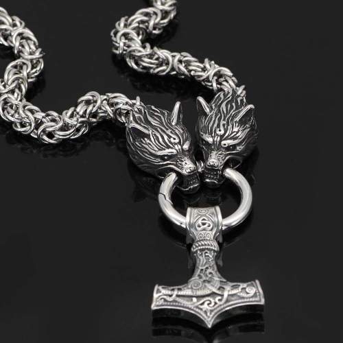 Wolf Head Chain with Sterling Silver Mjolnir