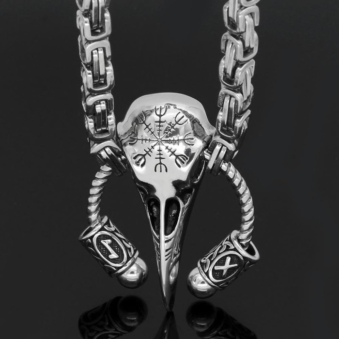 Vikings Runic Raven Skull King Chain Stainless Steel Necklace