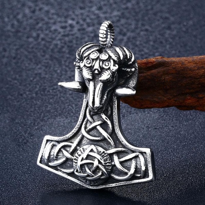 Vikings Thor's Goat Tanngrisnir Mjolnir Stainless Steel Necklace
