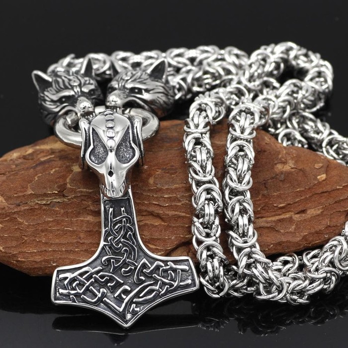 Vikings Wolf Heads and Skull Mjolnir Stainless Steel Necklace
