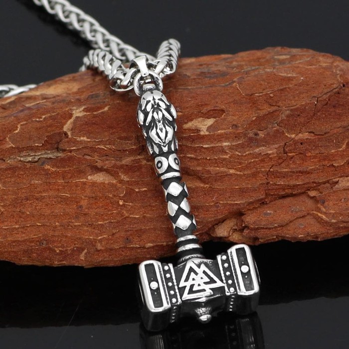Vikings Valknut Thor Hammer Stainless Steel Necklace