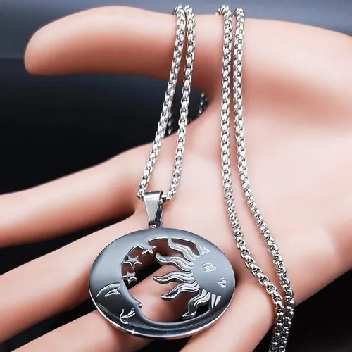 Wiccan Crescent Moon Sun Stainless Steel Necklace