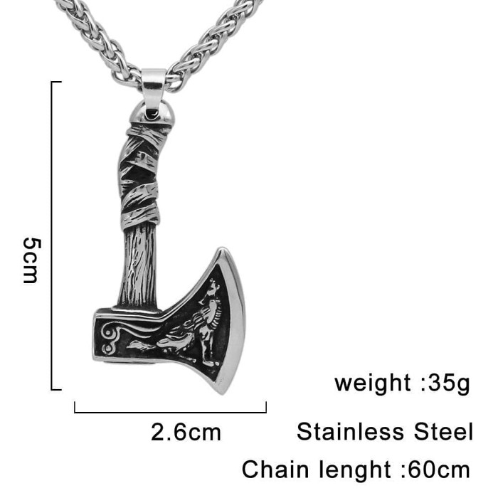 Vikings Axe Wolf Stainless Steel Necklace