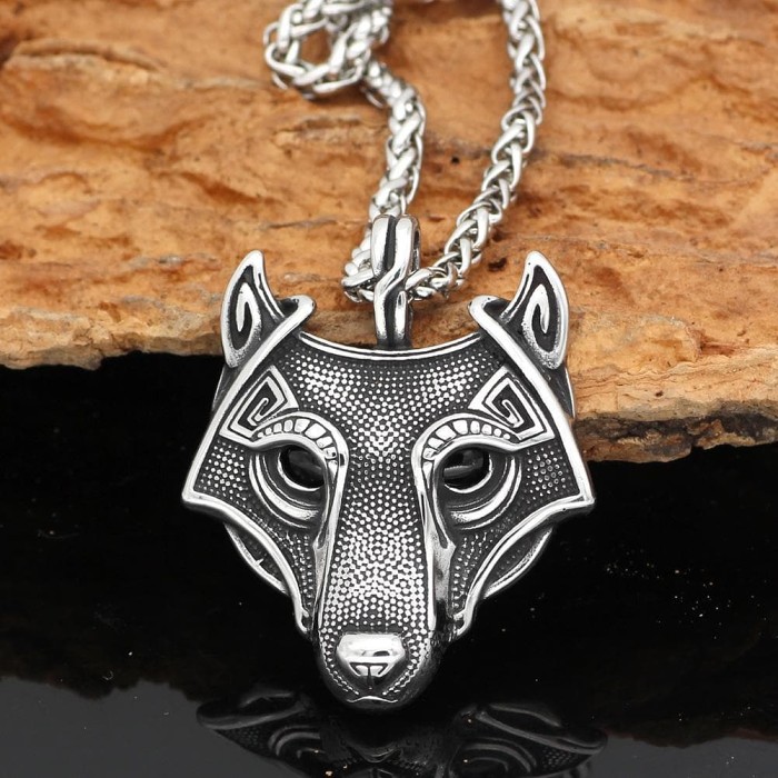 Viking Stainless Steel Wolf Head Necklace