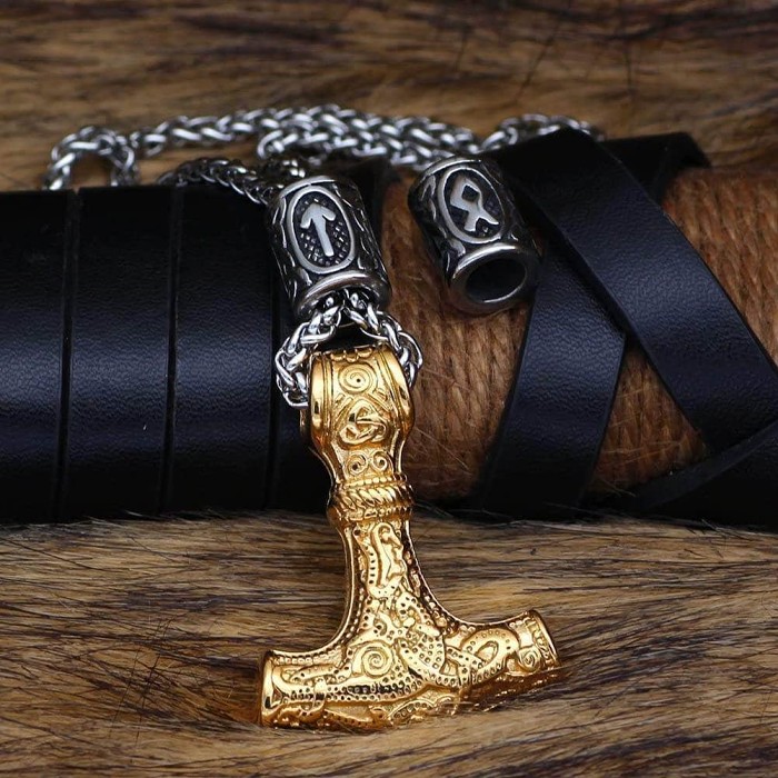 Viking Mjolnir Stainless Steel Necklace with Rune Bead
