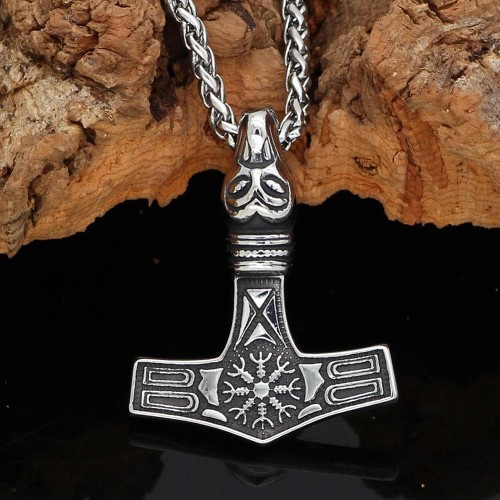 Vikings Mjolnir Aegishjalmur Stainless Steel Necklace