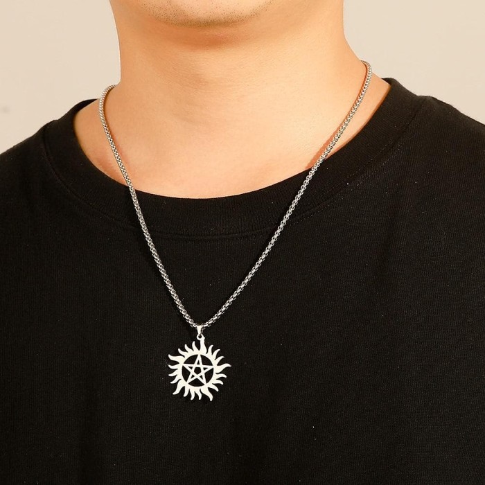 Wiccan Pentagram Sun Stainless Steel Pendant Necklace