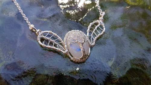 Wire Wrap Moonstone Tree of Life Leaf Necklace