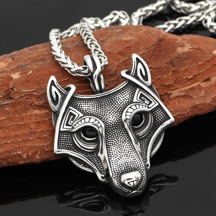 Viking Stainless Steel Wolf Head Necklace