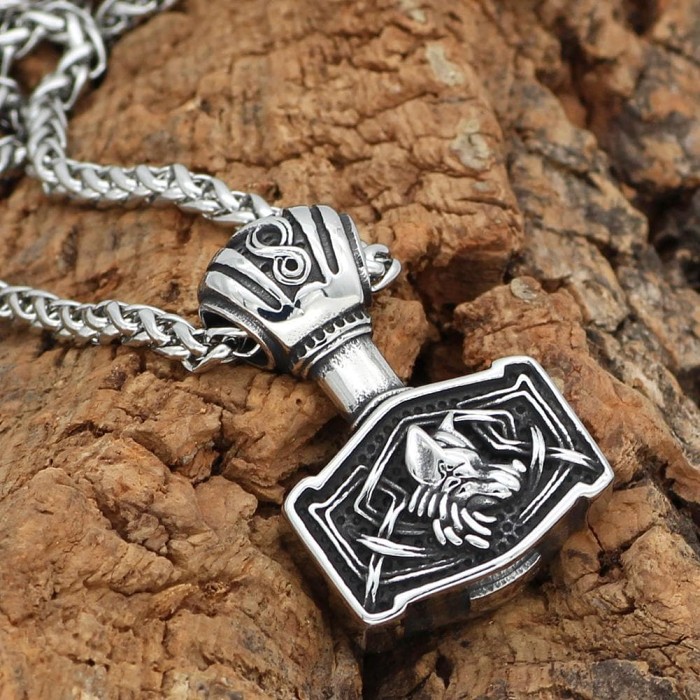Vikings Wolf Mjolnir Stainless Steel Necklace