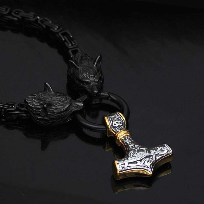 Vikings Wolf Mjolnir Stainless Steel Necklace