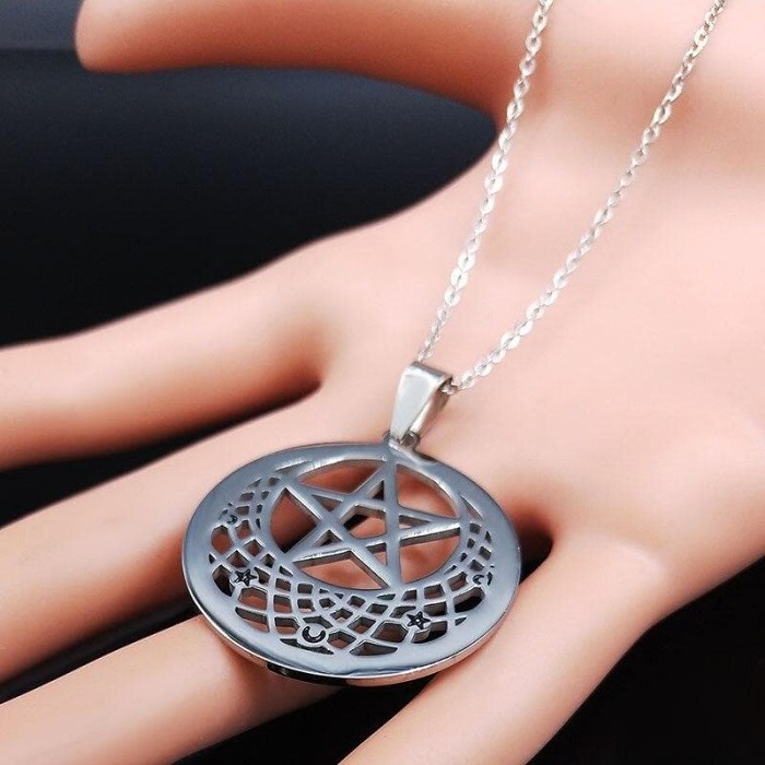 Wiccan Pentagram Moon Stainless Steel Necklace