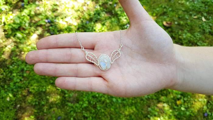 Wire Wrap Moonstone Tree of Life Leaf Necklace