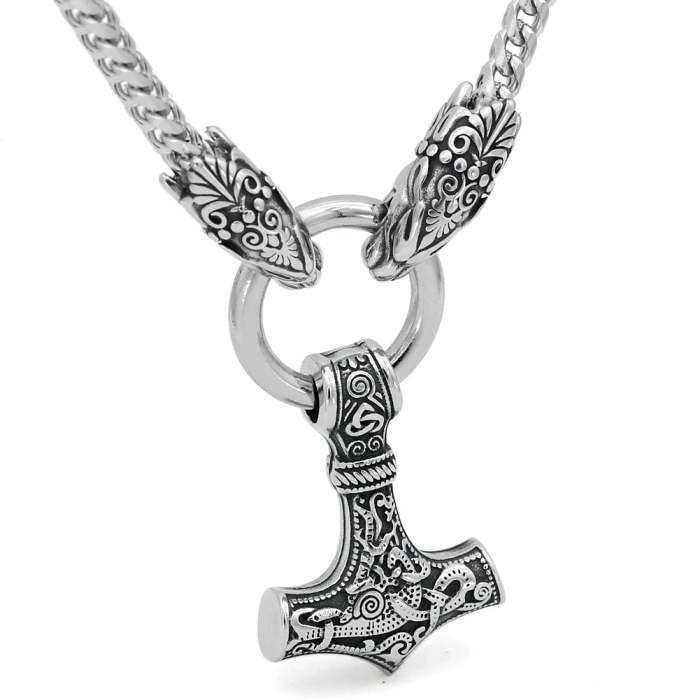 Vikings Wolf Head Mjolnir Stainless Steel Necklace