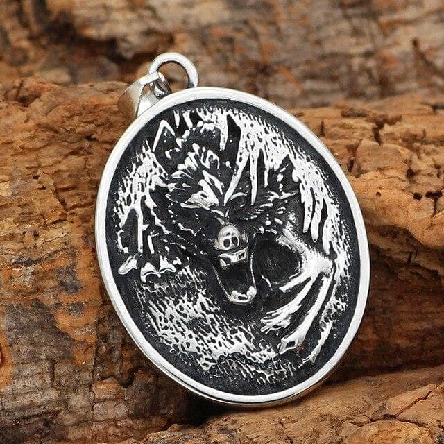 Viking Nordic Wolf - Fenrir Stainless Steel Oval Pendant and Necklace