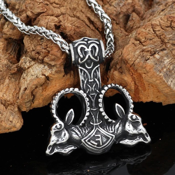 Vikings Thor's Rams Mjolnir Stainless Steel Necklace