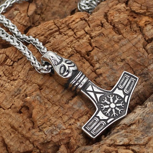 Vikings Mjolnir Aegishjalmur Stainless Steel Necklace
