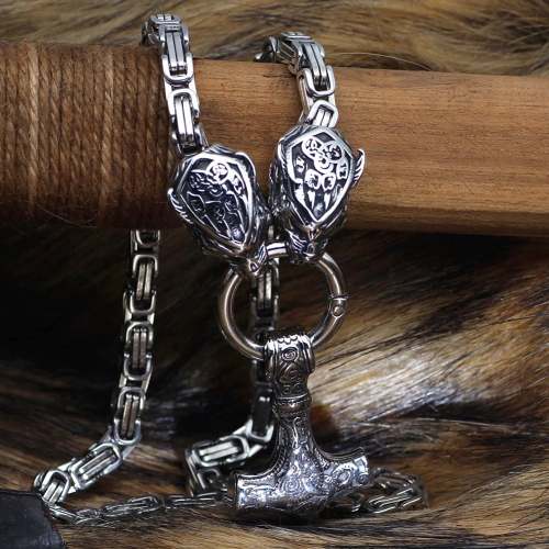 Vikings Wolf Head Thor's Hammer Stainless Steel Necklace
