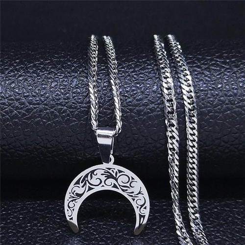 Wiccan Crescent Moon Stainless Steel Pendant Necklace