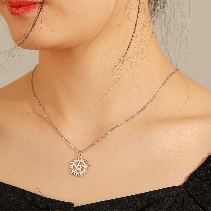 Wiccan Pentagram Sun Stainless Steel Pendant Necklace
