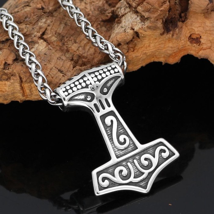 Vikings Thor Hammer Mjolnir Raven Head Stainless Steel Necklace