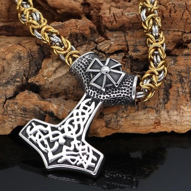 Viking Thors Hammer  Celtic Cross Stainless Steel Necklace