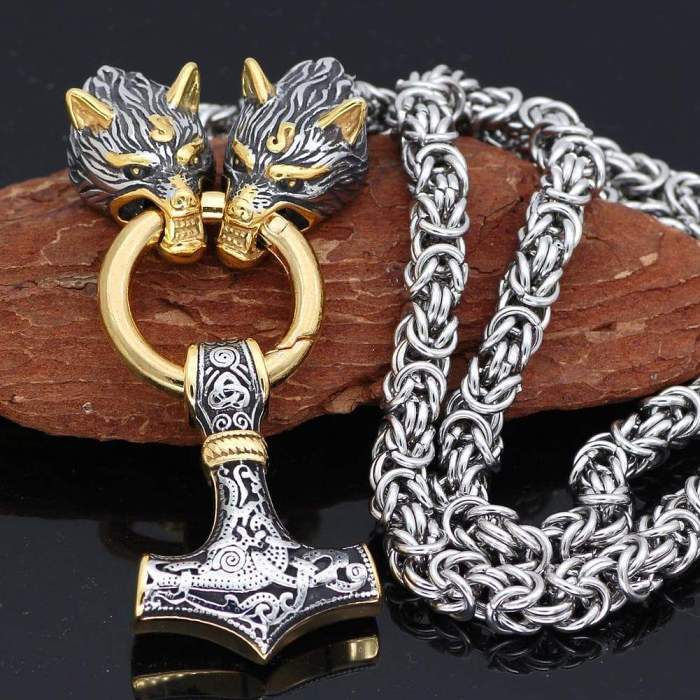 Vikings Wolf Head Mjolnir Stainless Steel Necklace