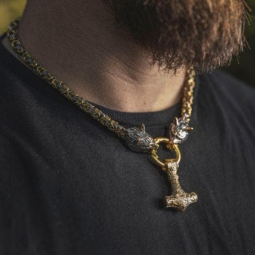 Vikings Wolf Head Mjolnir Byzantine Chain with Stainless Steel Necklace