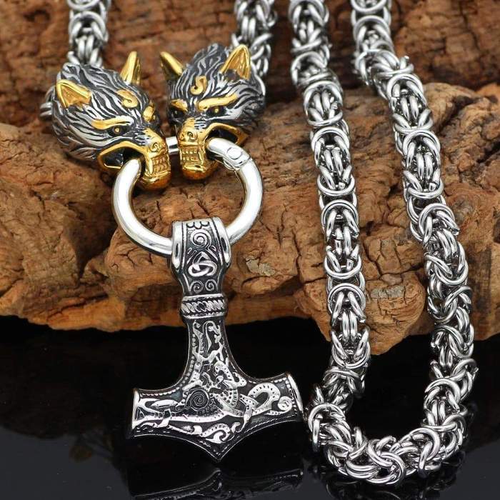 Vikings Wolf Head Mjolnir Stainless Steel Necklace